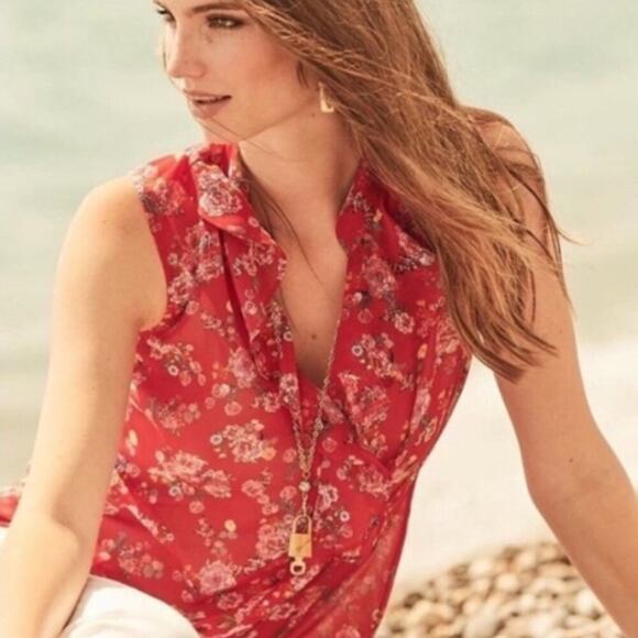 CAbi Red Floral Chiffon Sheer Ruffle Tank Top Fall Office Preppy Sleeveless - Picture 1 of 6